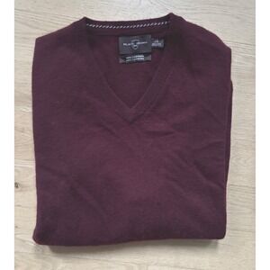 Black Brown 1826 Men V Neck Sweater Burgundy 100% Cashmere Large Pullover Maroon